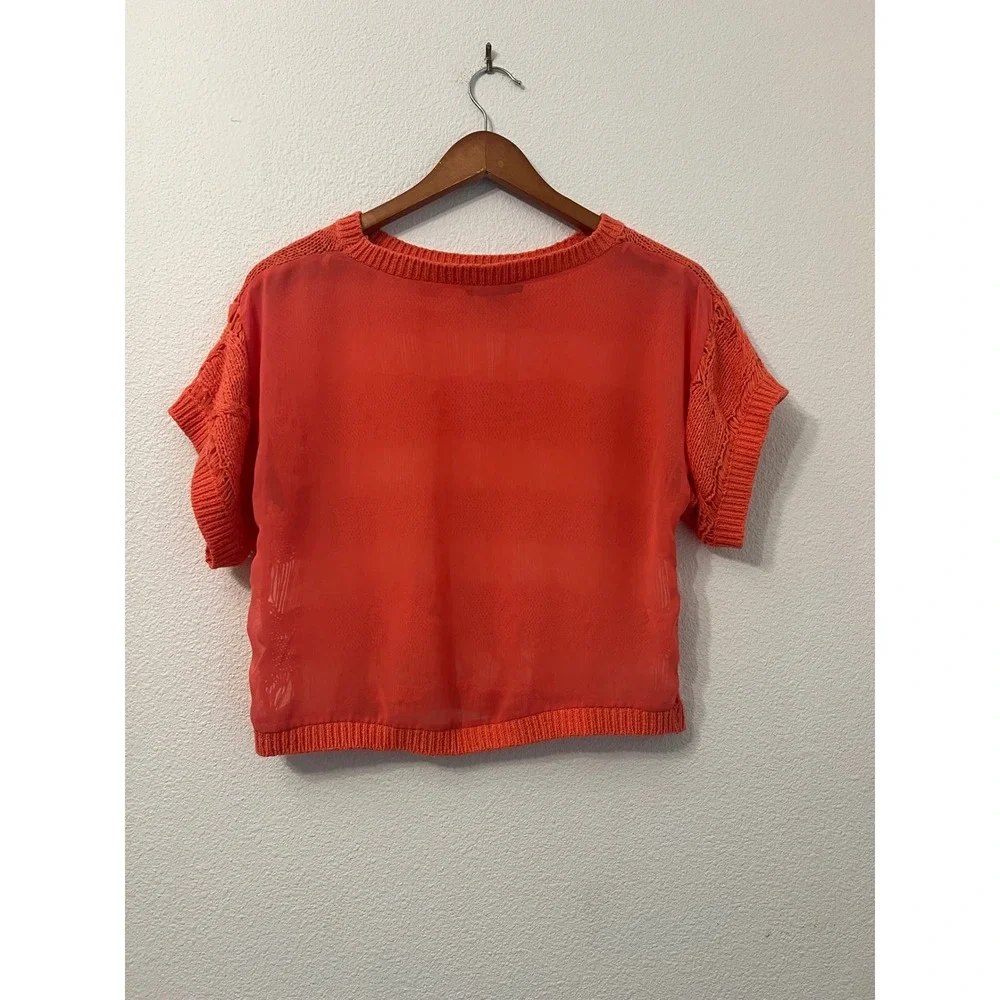 Takeout Knit Crochet Open Weave Short Sleeve Coral Top‎